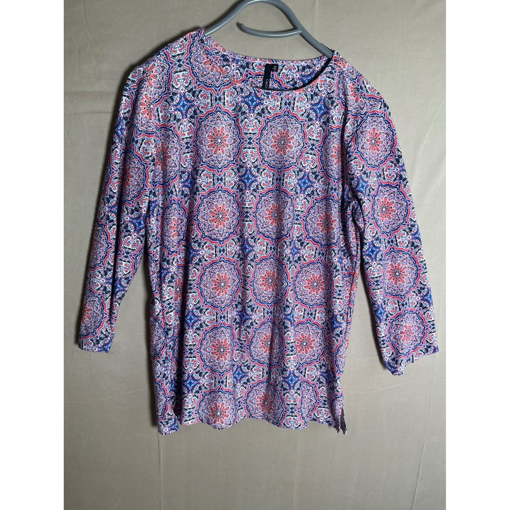 Cathy Womens Medium Red‎ Blue Medallion Print 3/4 Sleeve Jersey Knit Top Blouse